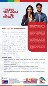Assistant Store Keeper Sunshine Holdings Plc - Assistant Store Keeper - Sunshine Holdings PLC - Kattankudy Ads (KKY ADS)